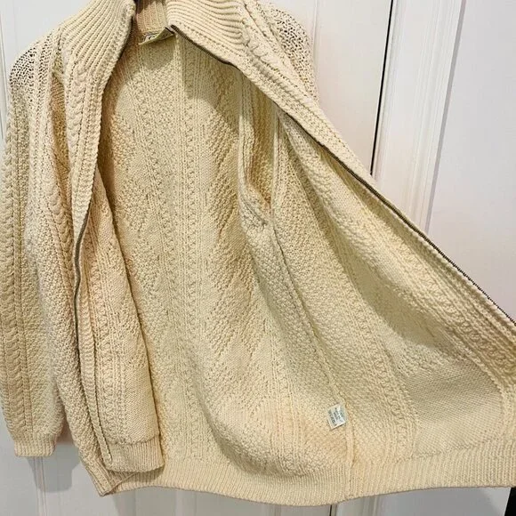 Carraig Donn Zip Up Sweater Cream Aran Cable Knit Fisherman Wool Ireland Heavy - Picture 14 of 16